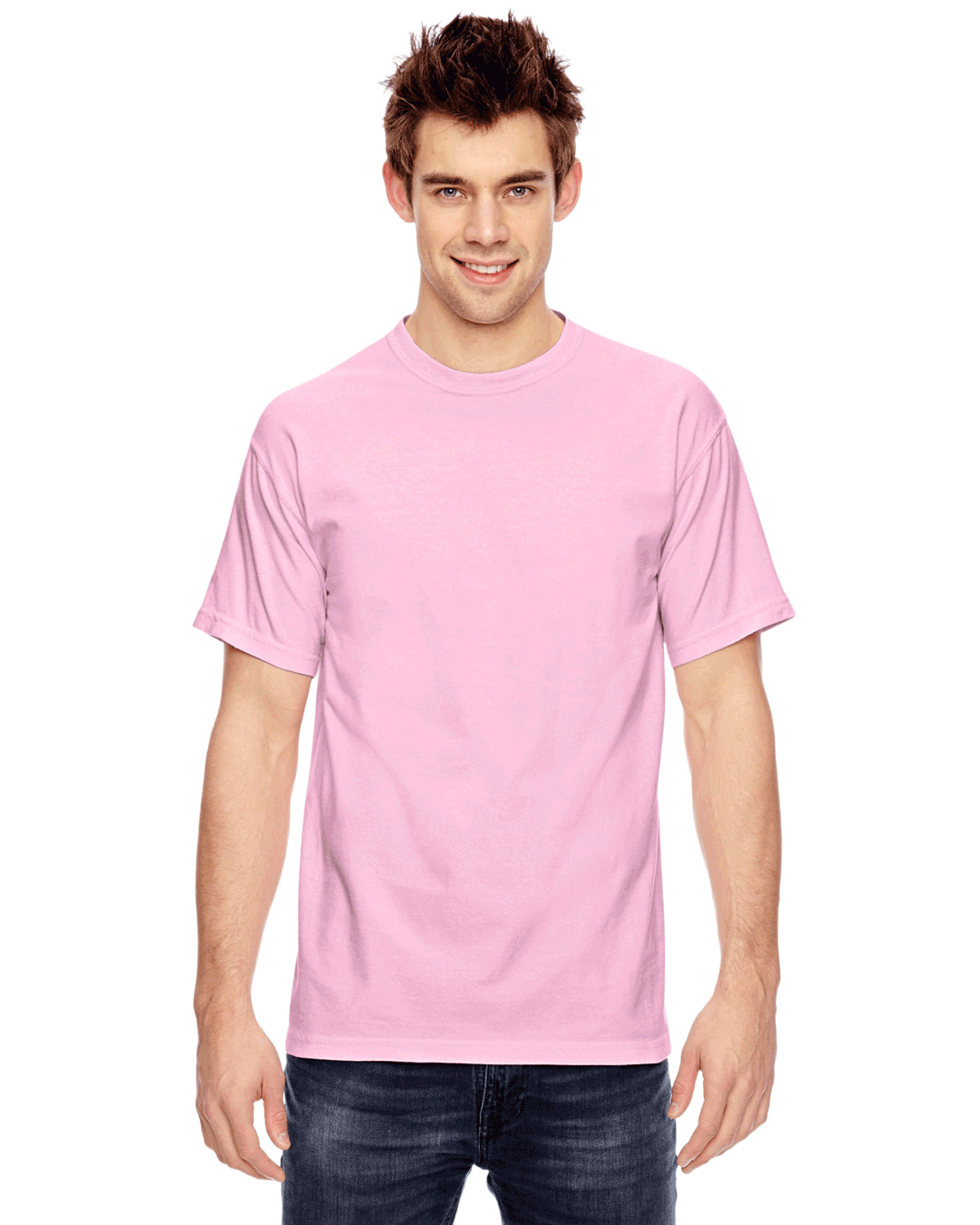 Man wearing a Comfort Colors Heavyweight T-Shirt in "Blossom" color, smiling with hands relaxed by his sides.