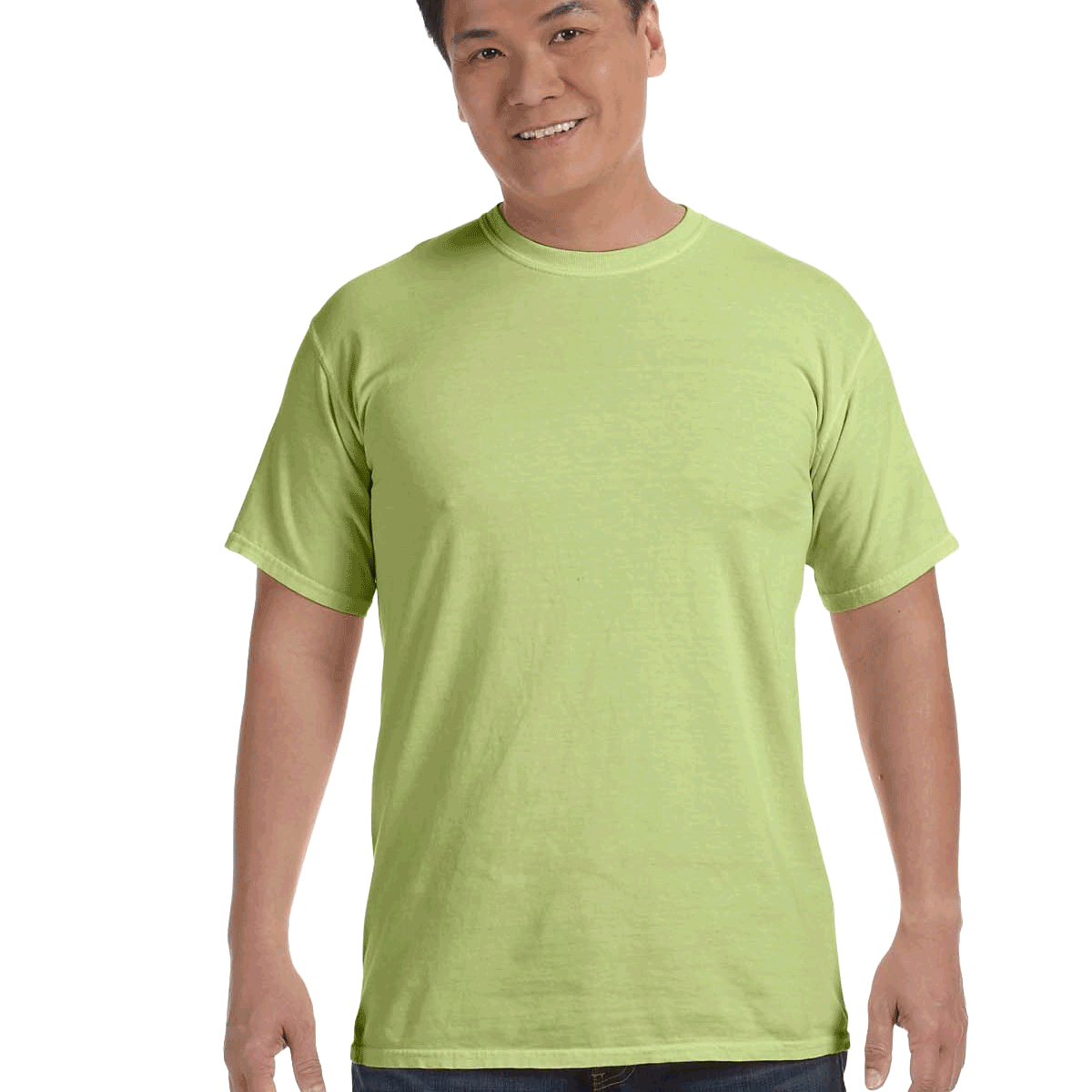 Man wearing a Comfort Colors Heavyweight T-Shirt in "Celadon" color, smiling while standing with hands by his sides.