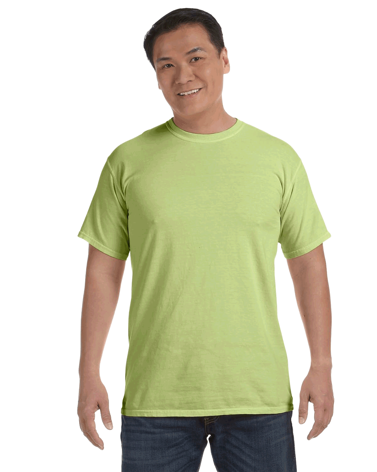 Man wearing a Comfort Colors Heavyweight T-Shirt in "Celadon" color, smiling while standing with hands by his sides.