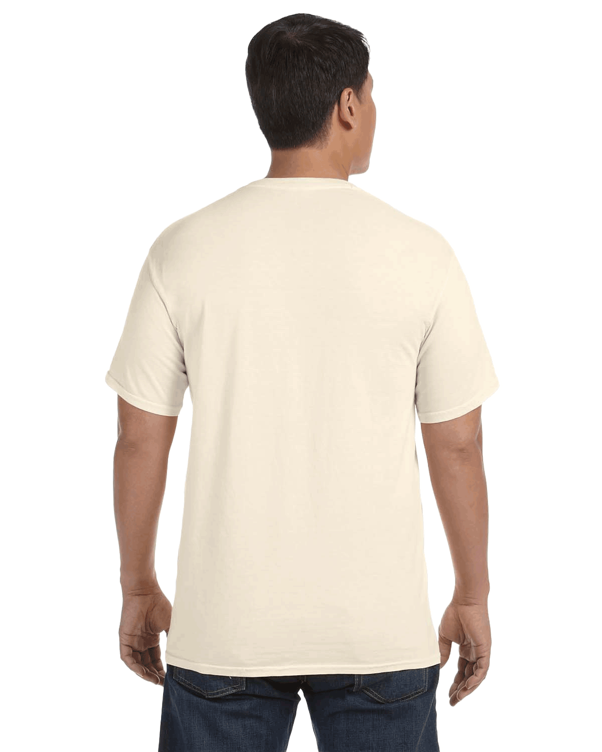 Back view of a man wearing a Comfort Colors Heavyweight T-Shirt in "Ivory" color, standing with hands by his sides.