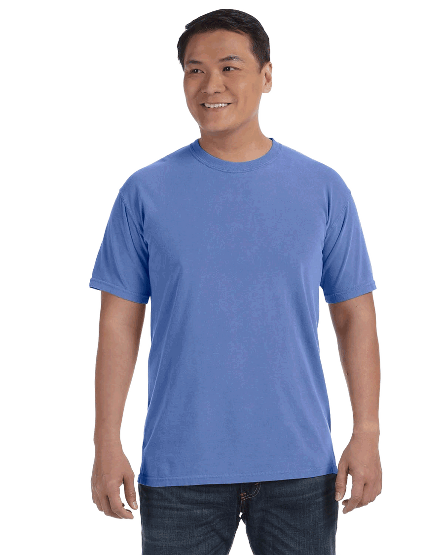 A model posing with a Mystic Blue Comfort Colors Garment Dyed Heavyweight T-Shirt 1717