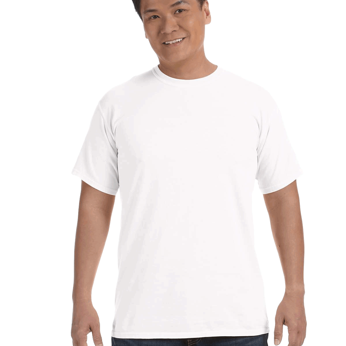 Man wearing a Comfort Colors Heavyweight T-Shirt in "White" color, smiling while standing with hands by his sides.