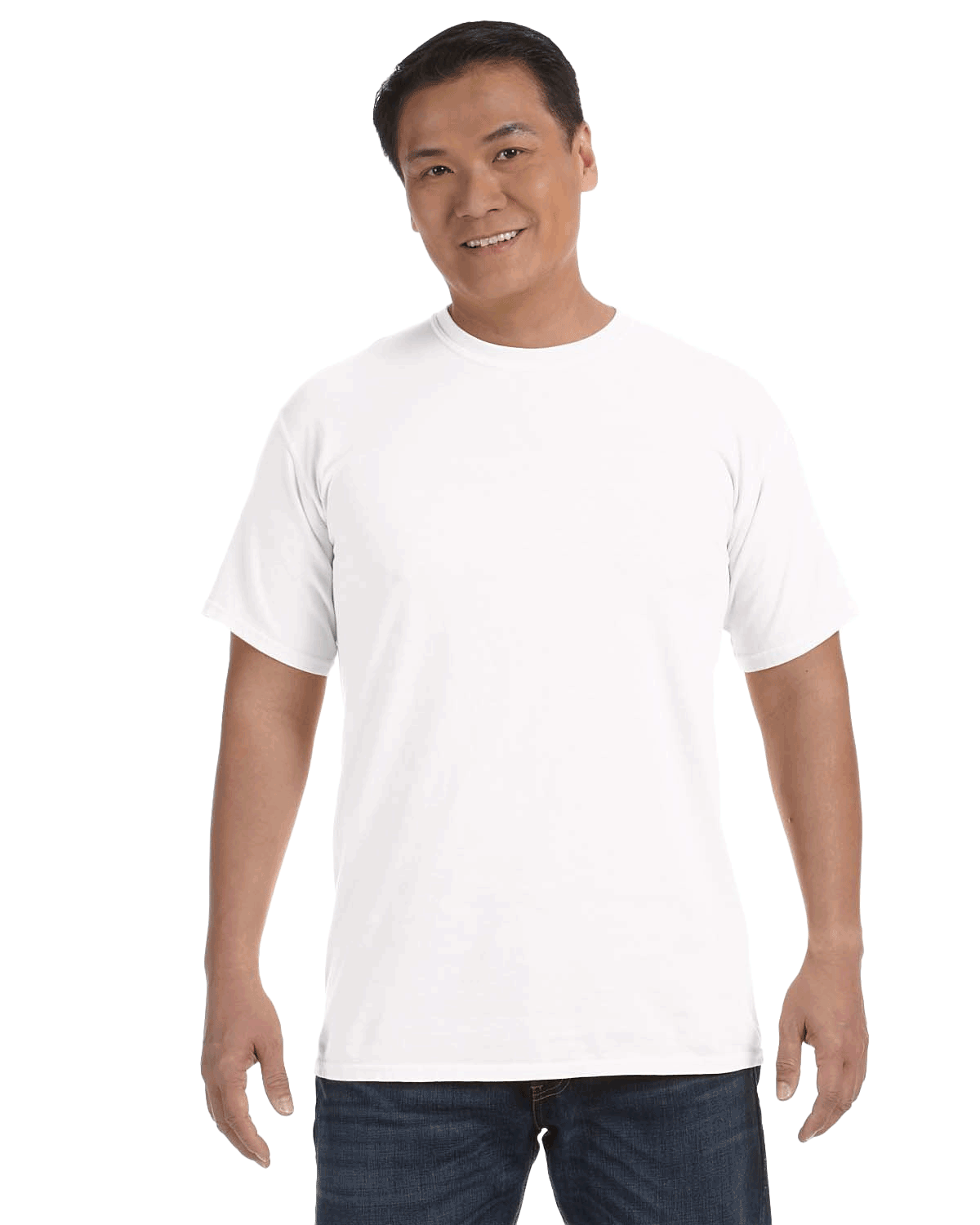 Man wearing a Comfort Colors Heavyweight T-Shirt in "White" color, smiling while standing with hands by his sides.