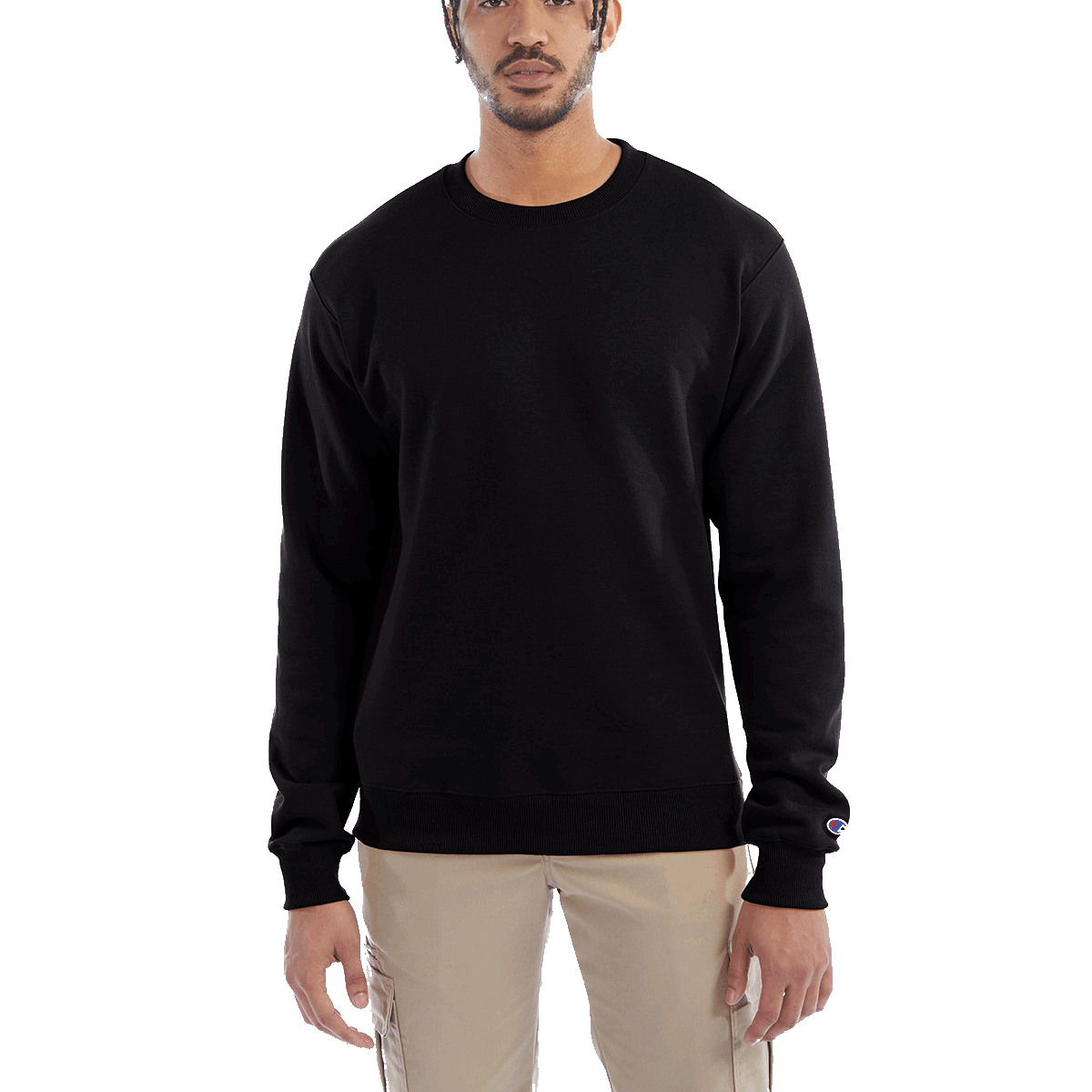 Man wearing a Champion Adult Powerblend Crewneck Sweatshirt in Black.