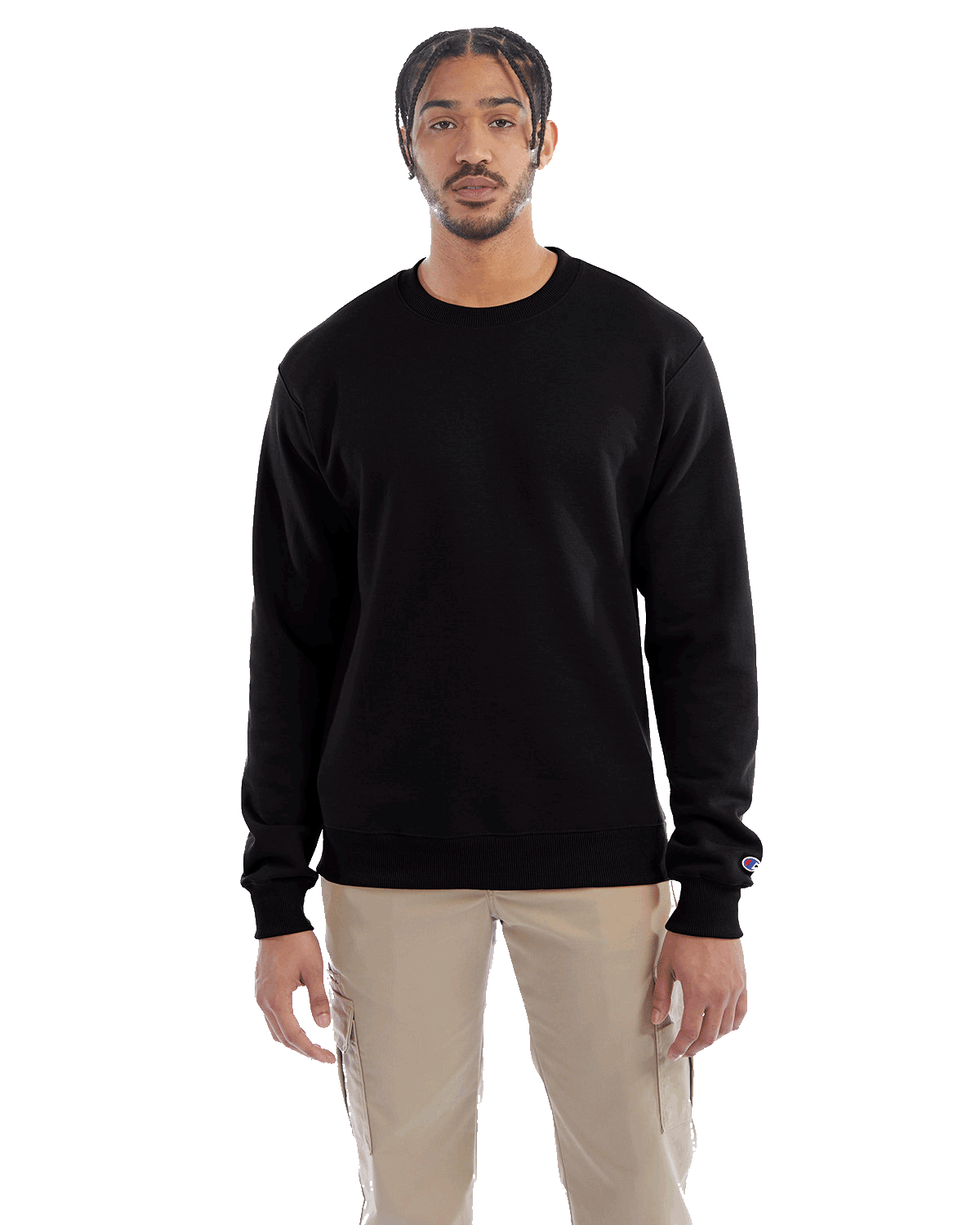 Man wearing a Champion Adult Powerblend Crewneck Sweatshirt in Black.