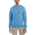 Man wearing a Champion Adult Powerblend Crewneck Sweatshirt in Blue Lagoon.