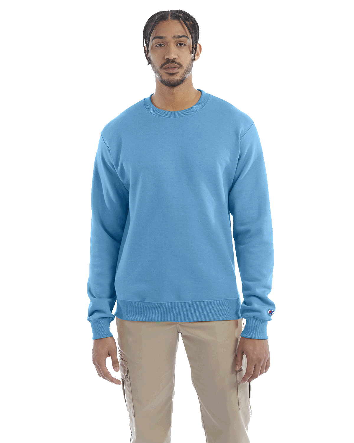 Man wearing a Champion Adult Powerblend Crewneck Sweatshirt in Blue Lagoon.