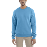 Man wearing a Champion Adult Powerblend Crewneck Sweatshirt in Blue Lagoon.