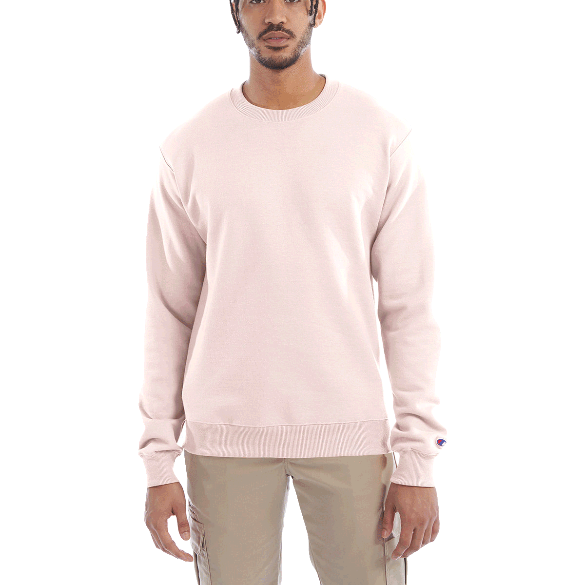 Man wearing a Champion Adult Powerblend Crewneck Sweatshirt in Body Blush.