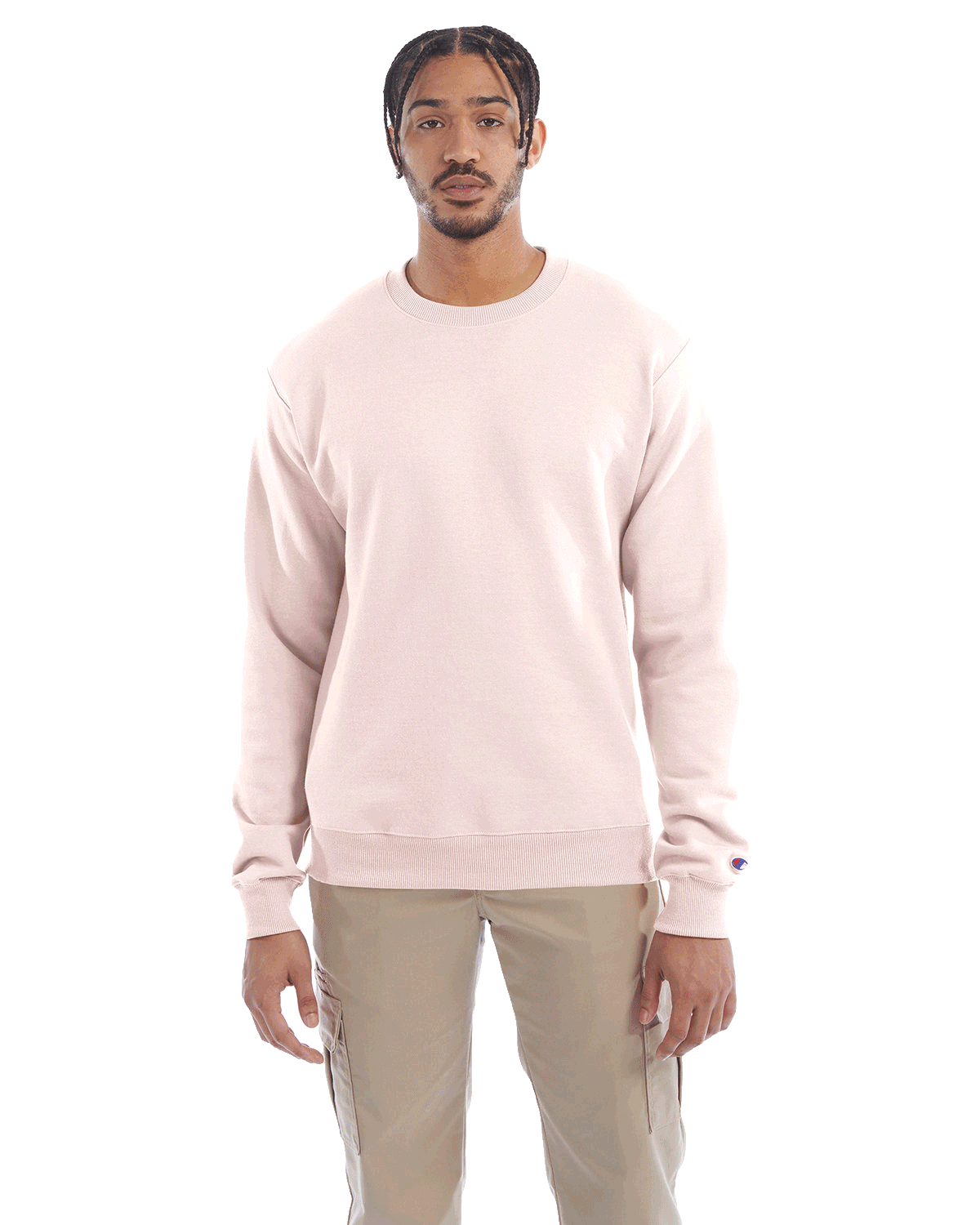 Man wearing a Champion Adult Powerblend Crewneck Sweatshirt in Body Blush.