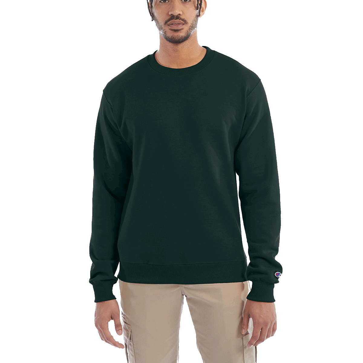 Man wearing a Champion Adult Powerblend Crewneck Sweatshirt in Dark Green.