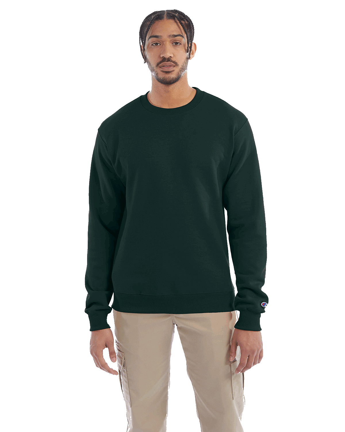 Man wearing a Champion Adult Powerblend Crewneck Sweatshirt in Dark Green.