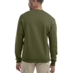 Rear view of a man wearing a Champion Adult Powerblend Crewneck Sweatshirt in Fresh Olive.