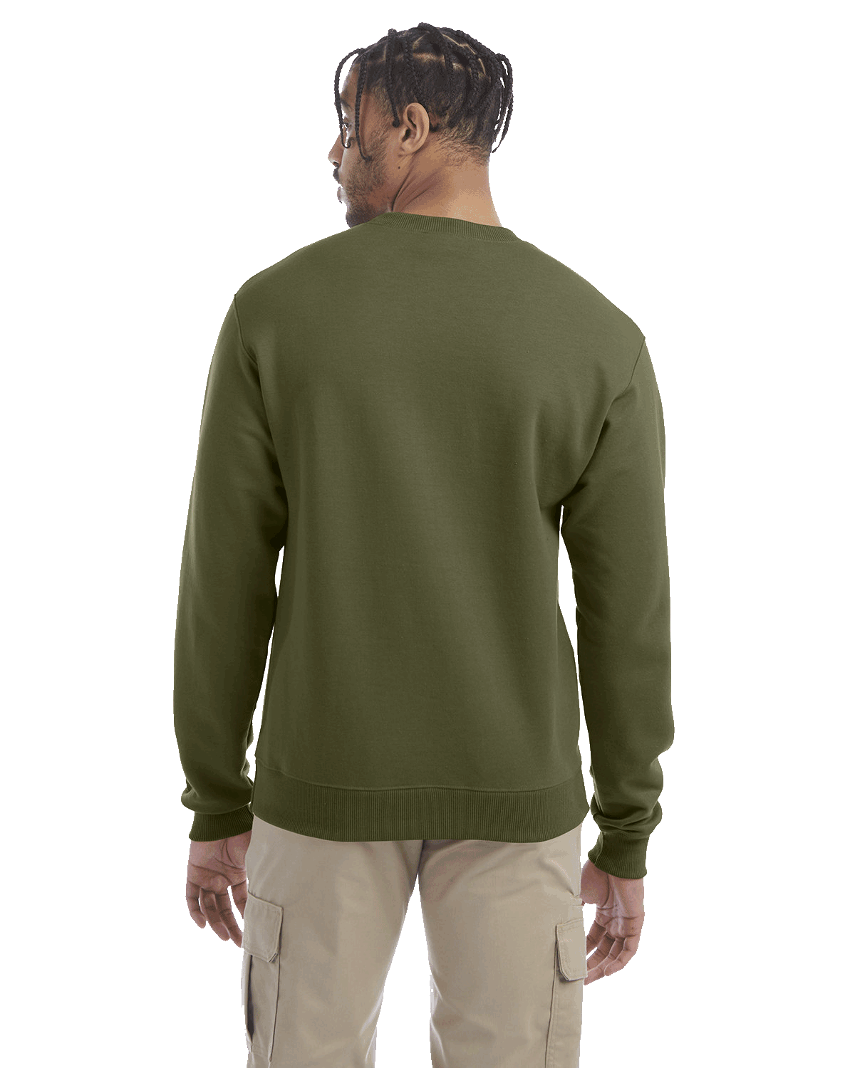 Rear view of a man wearing a Champion Adult Powerblend Crewneck Sweatshirt in Fresh Olive.