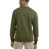 Rear view of a man wearing a Champion Adult Powerblend Crewneck Sweatshirt in Fresh Olive.