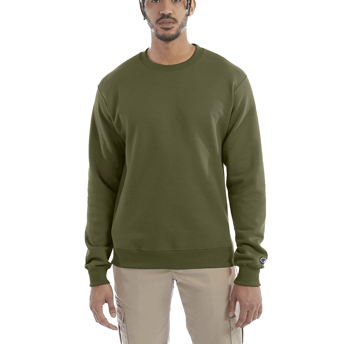 Man wearing a Champion Adult Powerblend Crewneck Sweatshirt in Fresh Olive.