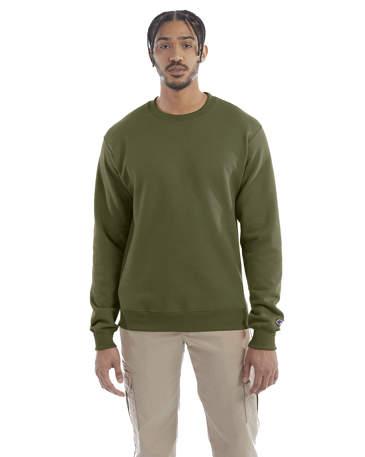 Man wearing a Champion Adult Powerblend Crewneck Sweatshirt in Fresh Olive.