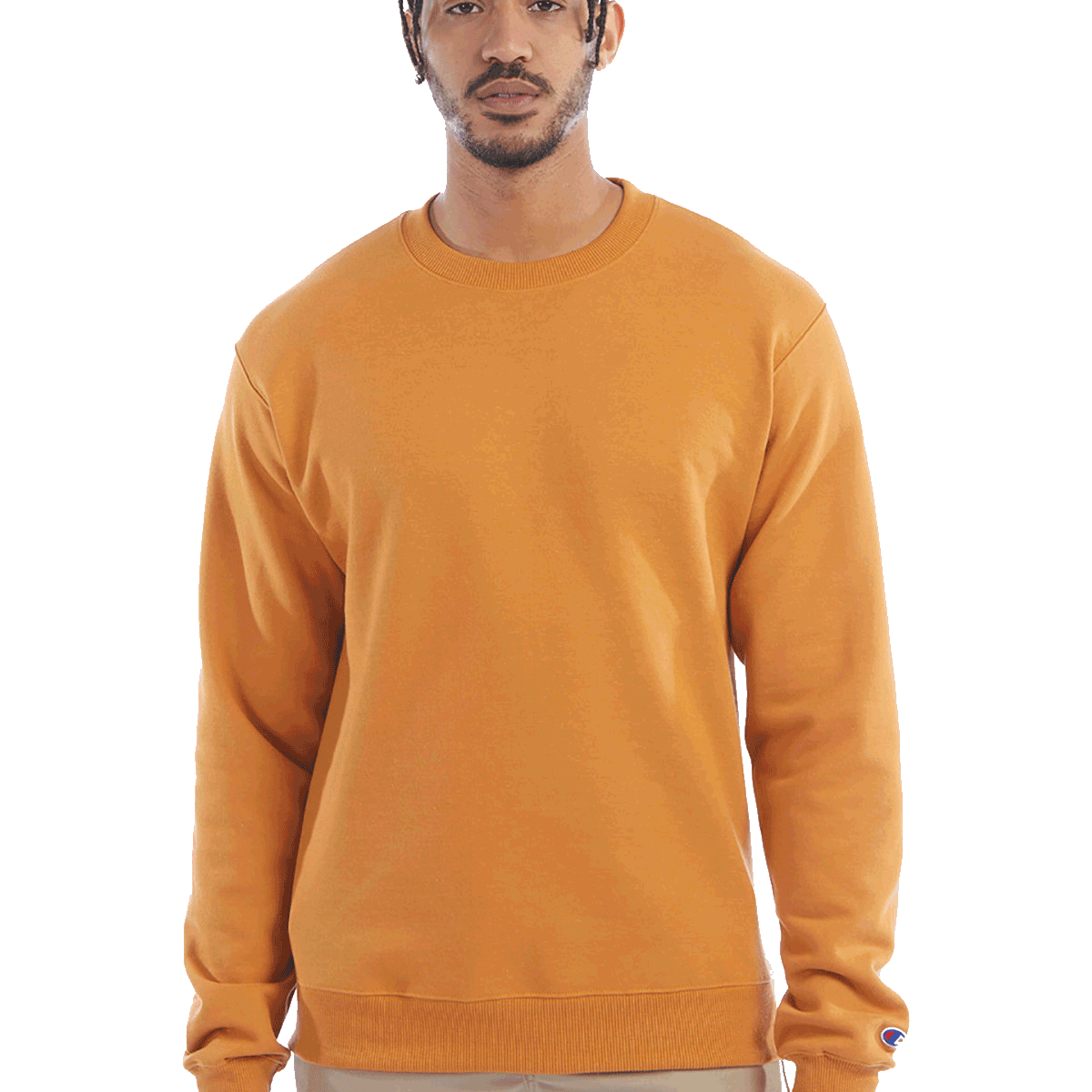 Man wearing a Champion Adult Powerblend Crewneck Sweatshirt in Gold Glint.