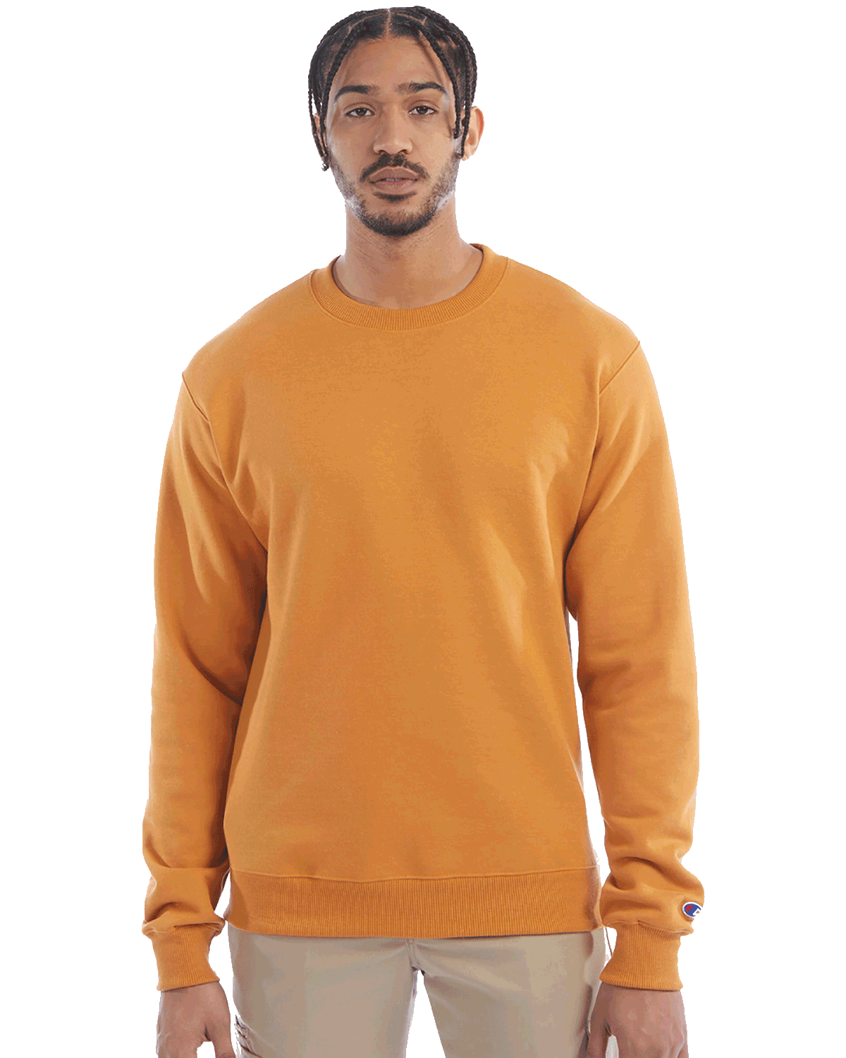 Man wearing a Champion Adult Powerblend Crewneck Sweatshirt in Gold Glint.