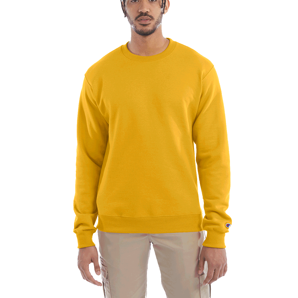 Man wearing a Champion Adult Powerblend Crewneck Sweatshirt in Gold.