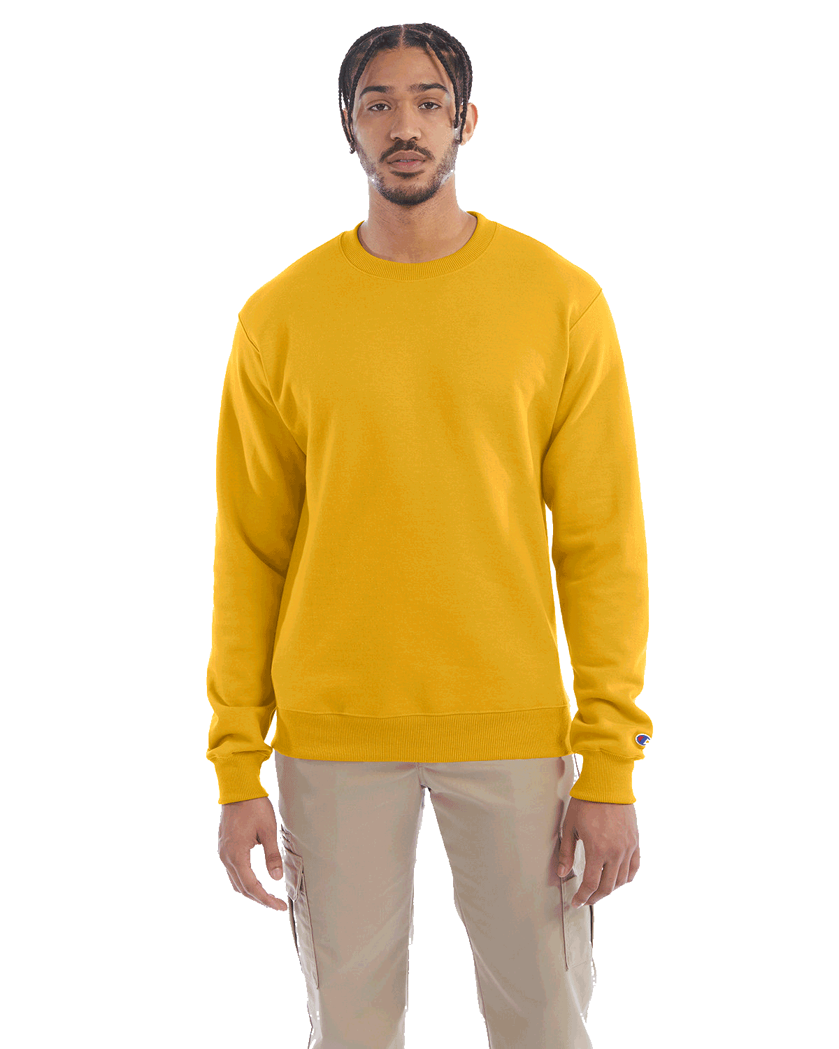 Man wearing a Champion Adult Powerblend Crewneck Sweatshirt in Gold.