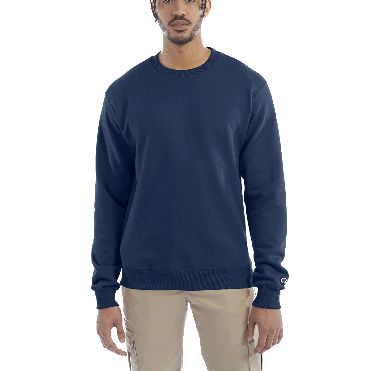 Man wearing a Champion Adult Powerblend Crewneck Sweatshirt in Late Night Blue.