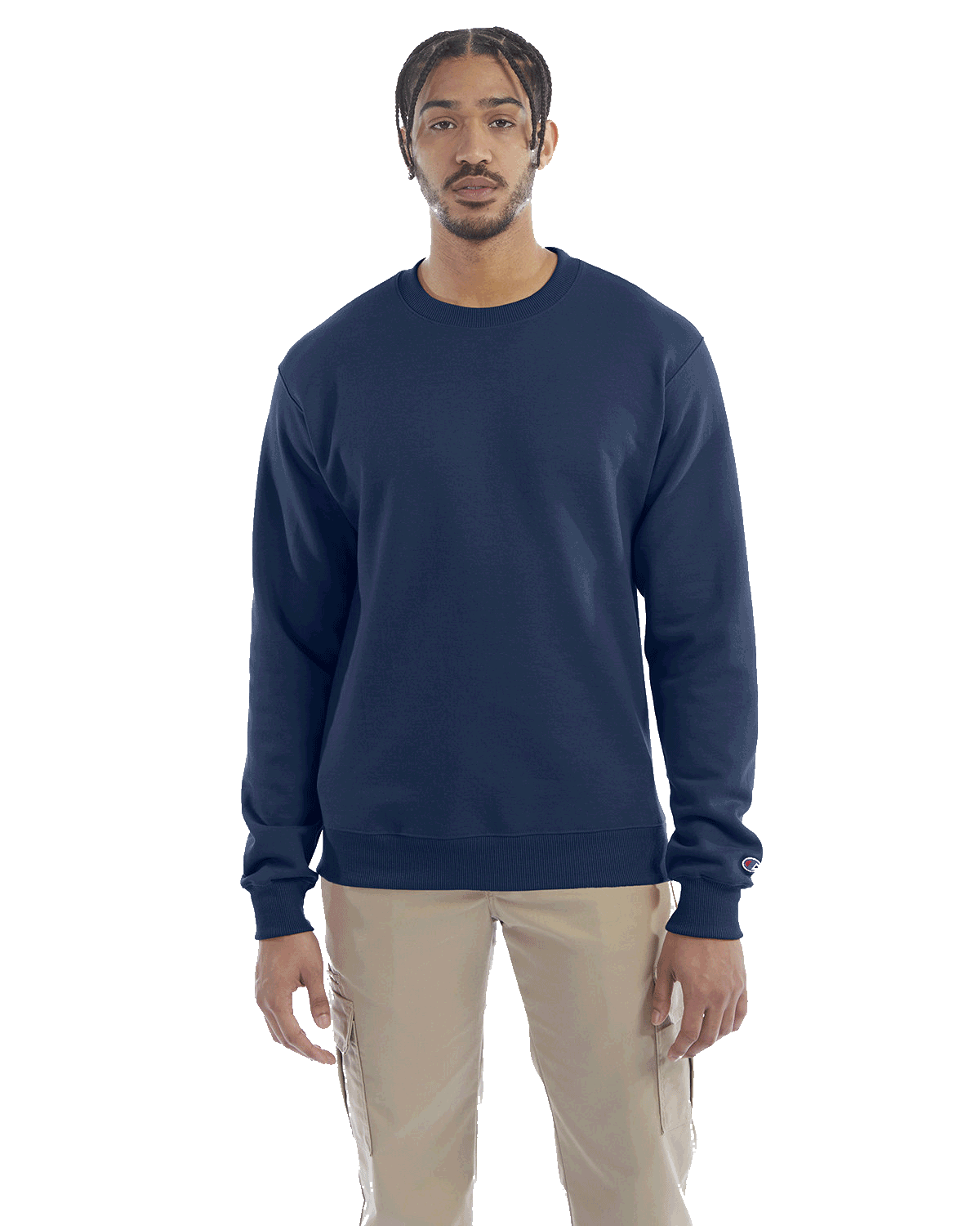 Man wearing a Champion Adult Powerblend Crewneck Sweatshirt in Late Night Blue.