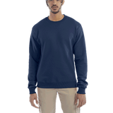 Man wearing a Champion Adult Powerblend Crewneck Sweatshirt in Late Night Blue.