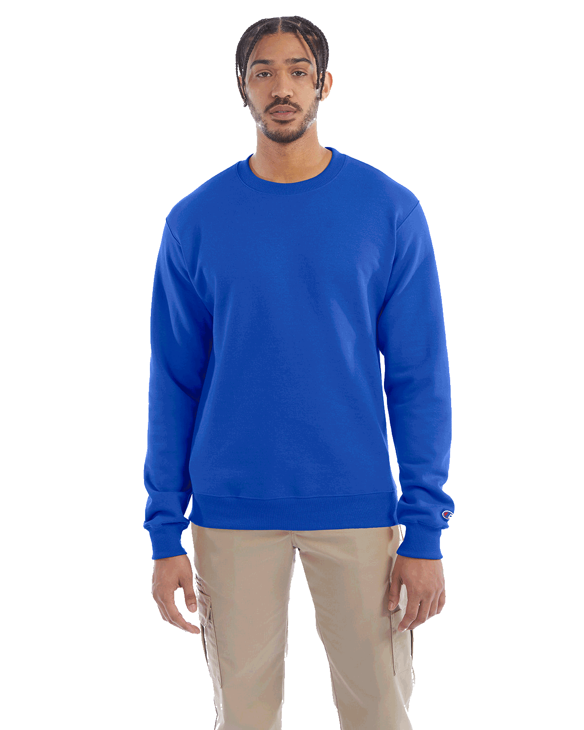 Man wearing a Champion Adult Powerblend Crewneck Sweatshirt in Royal Blue.