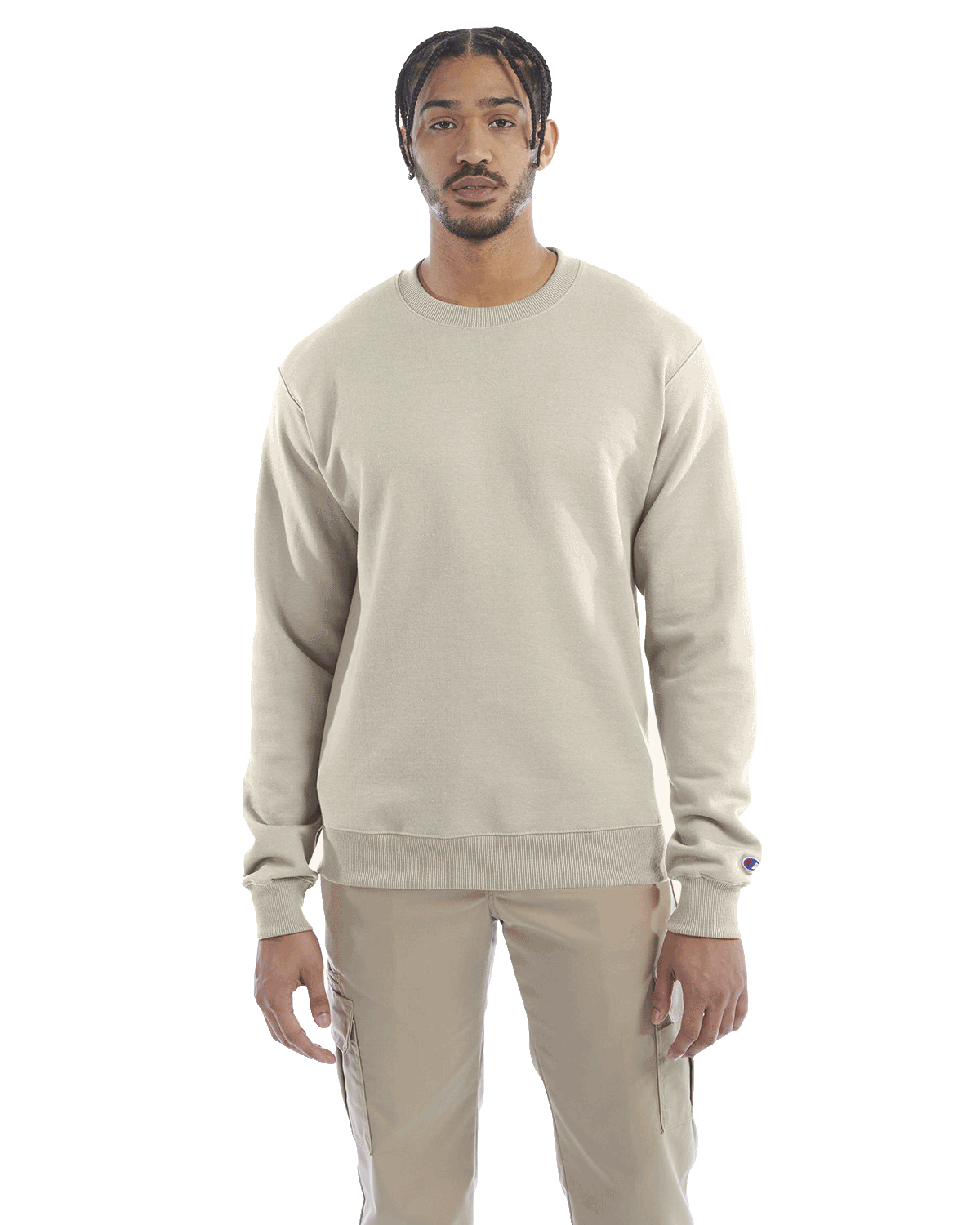 Man wearing a Champion Adult Powerblend Crewneck Sweatshirt in Sand.