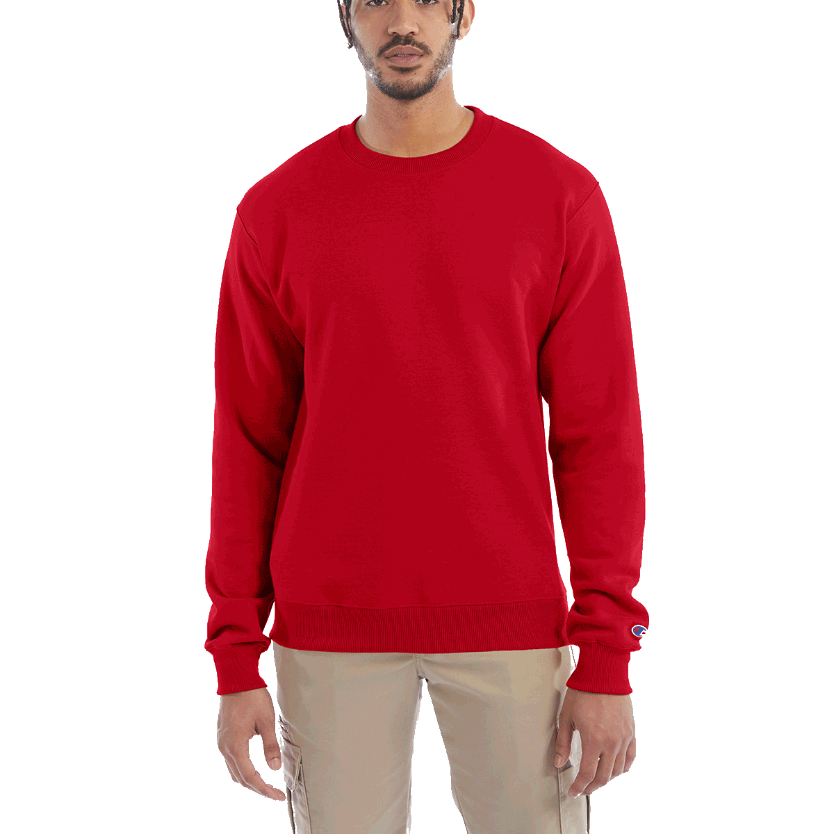 Man wearing a Champion Adult Powerblend Crewneck Sweatshirt in Scarlet.