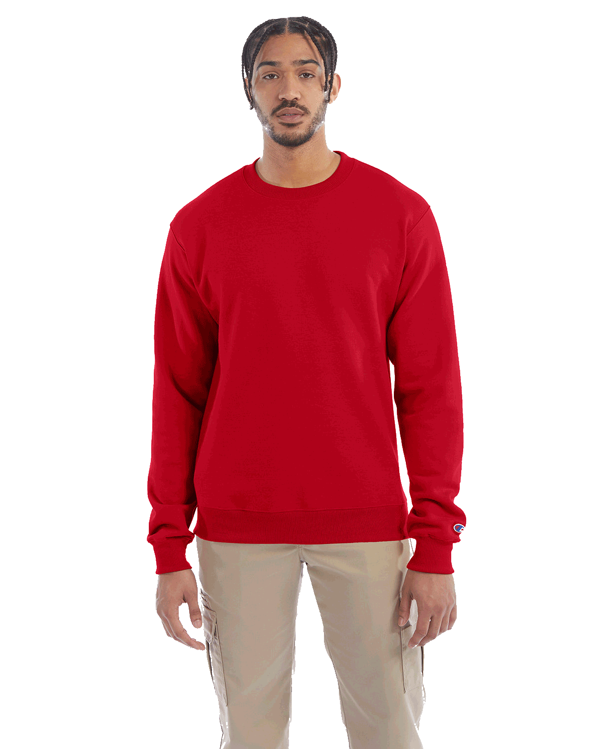 Man wearing a Champion Adult Powerblend Crewneck Sweatshirt in Scarlet.