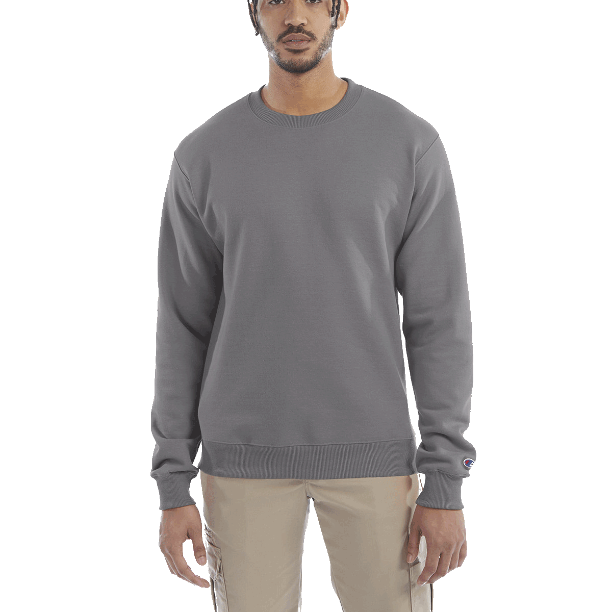 Man wearing a Champion Adult Powerblend Crewneck Sweatshirt in Stone Gray.