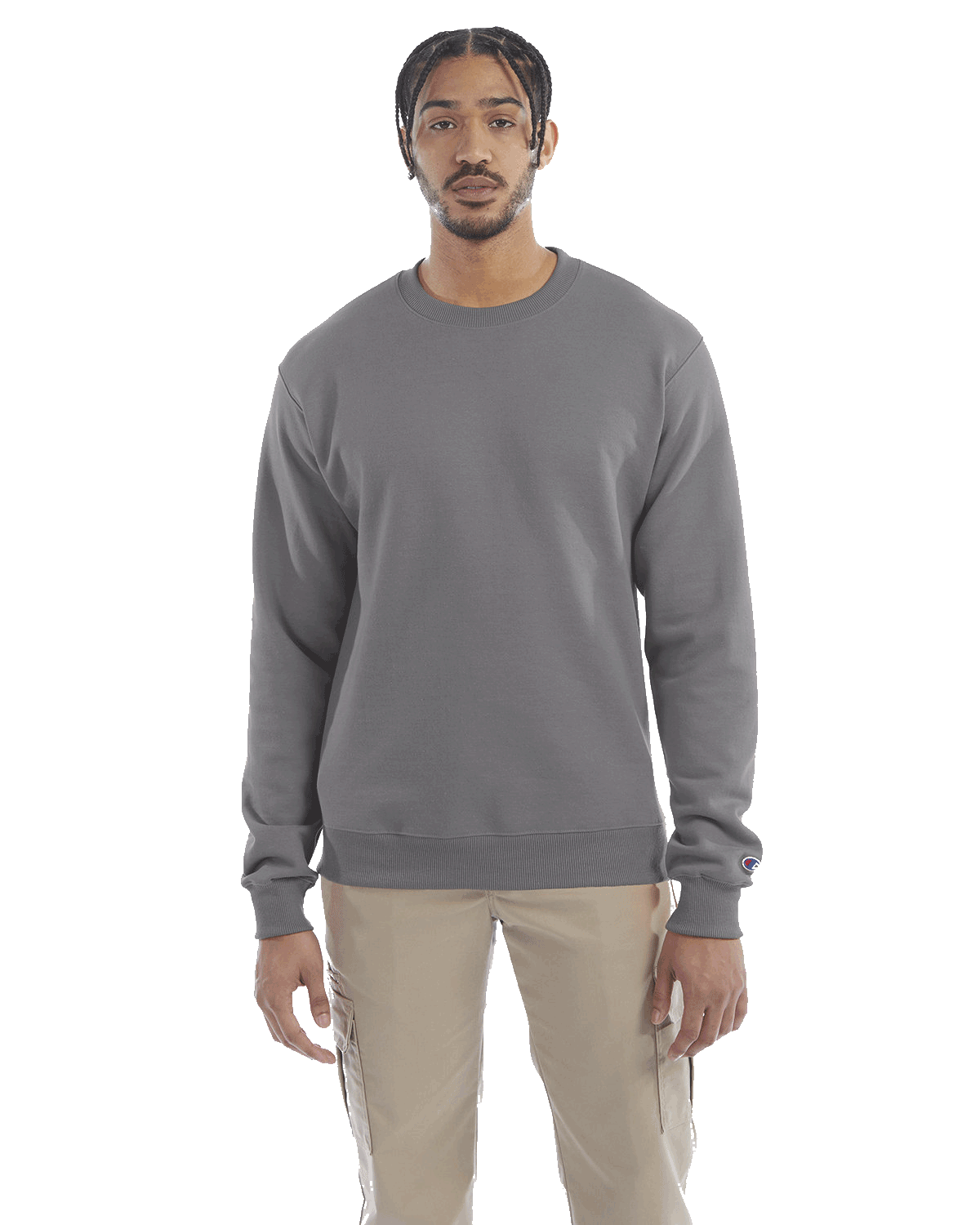 Man wearing a Champion Adult Powerblend Crewneck Sweatshirt in Stone Gray.