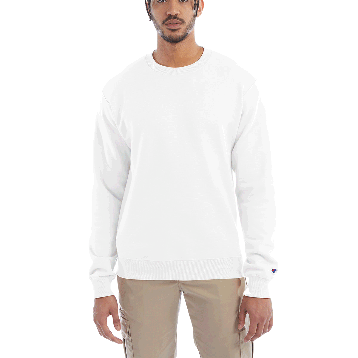 Man wearing a Champion Adult Powerblend Crewneck Sweatshirt in White.