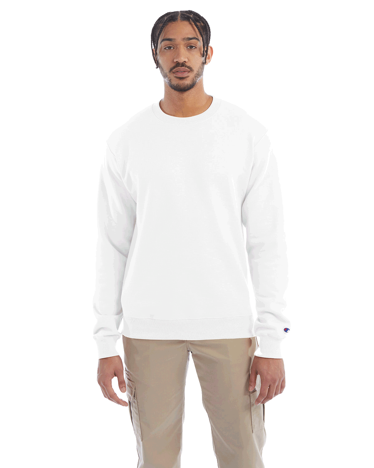 Man wearing a Champion Adult Powerblend Crewneck Sweatshirt in White.