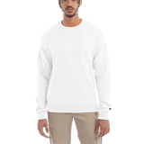 Man wearing a Champion Adult Powerblend Crewneck Sweatshirt in White.