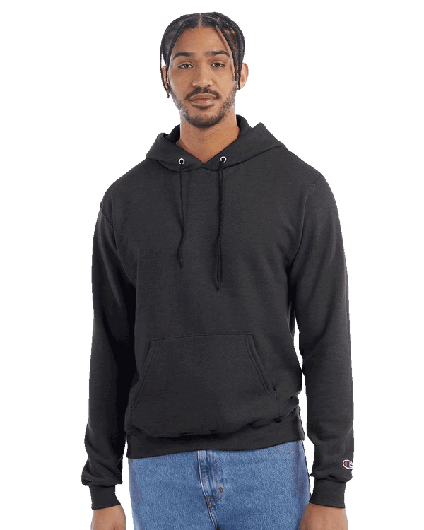 Man wearing a black Champion hoodie with drawstrings and front pocket, paired with blue jeans on transparent background