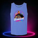 Flo Blue Comfort Colors 9360 tank top featuring The Clubhouse Critic portrait with a championship belt, front view