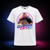 White Gildan Softstyle 64000 T-shirt featuring The Clubhouse Critic portrait with a championship belt, front view