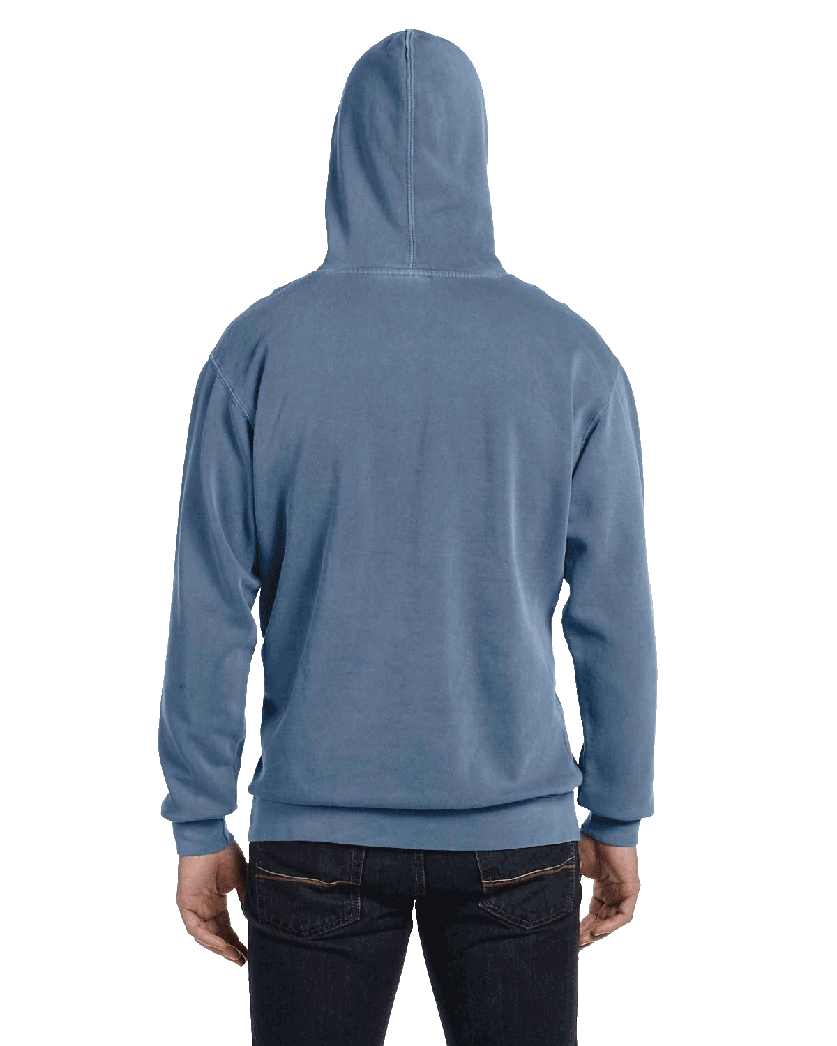 Model in a Blue Jean Comfort Colors Heavyweight Hoodie, showing the back with the hood up and hands relaxed