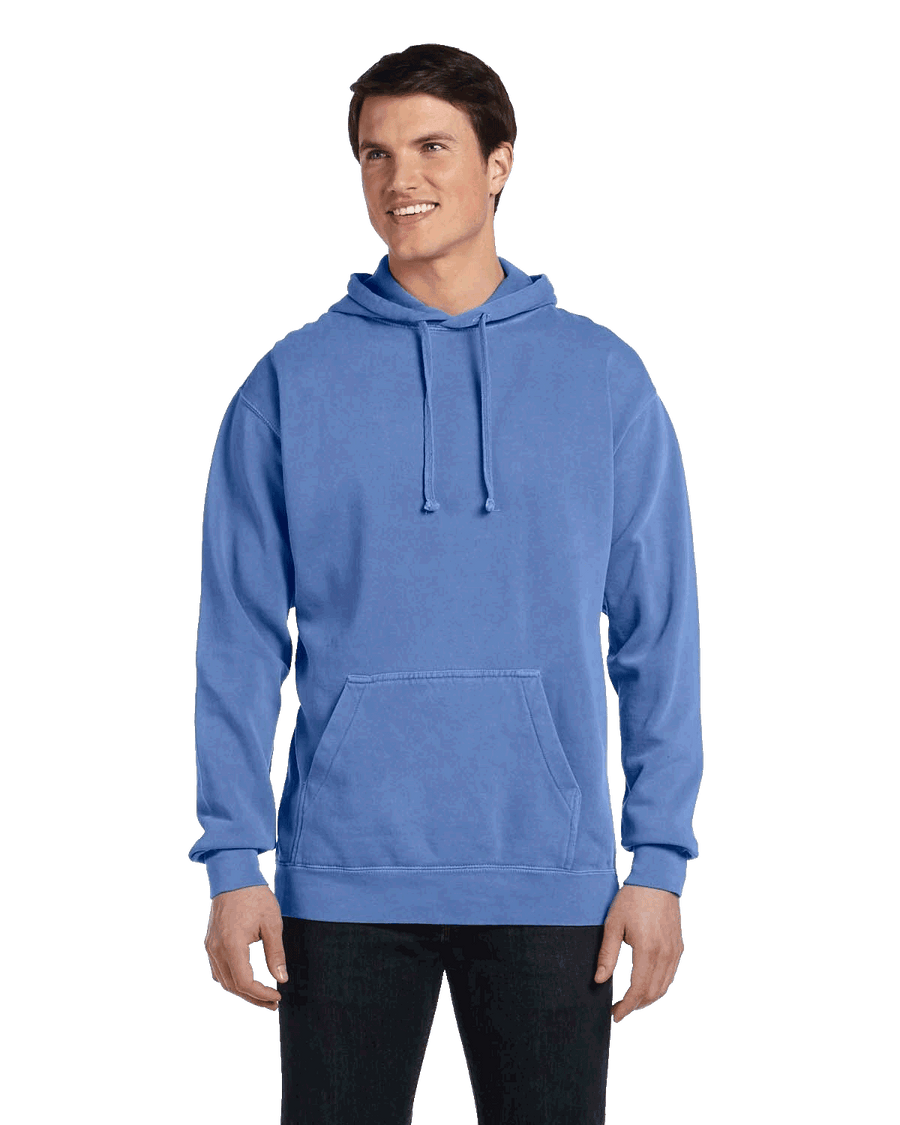 A model wearing a Comfort Colors Garment Dyed Hooded Sweatshirt 1567