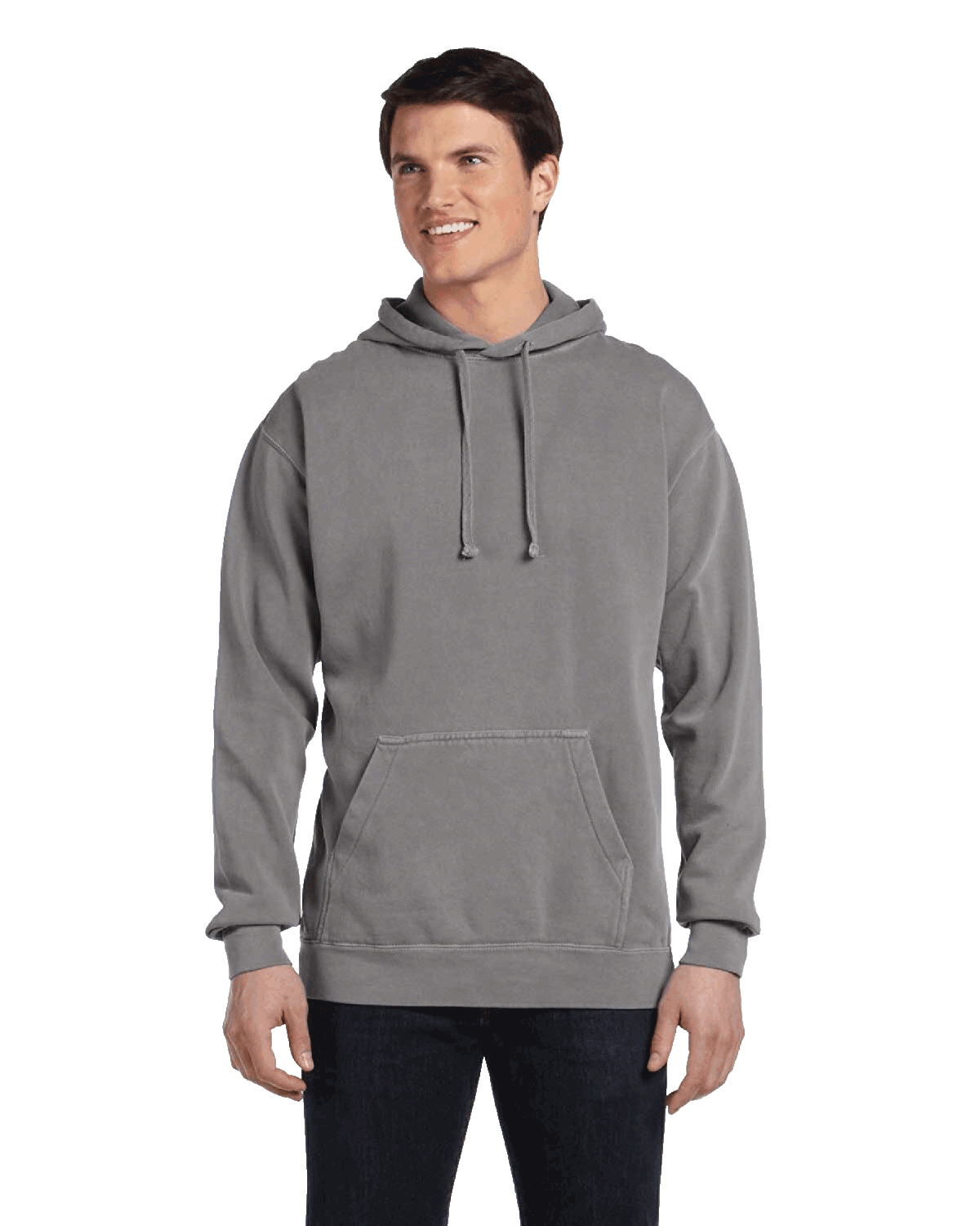 Man wearing a Comfort Colors Heavyweight Hoodie in Grey with a front pocket. Model is smiling with a relaxed stance.