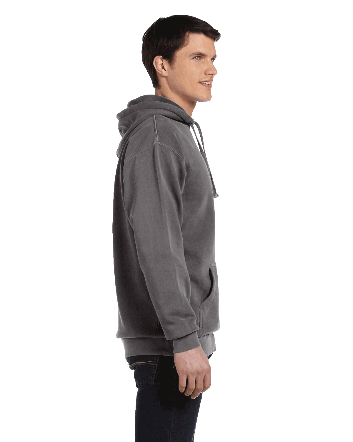 Profile view of a man in a Pepper Comfort Colors Heavyweight Hoodie, showcasing the side details with a relaxed fit.