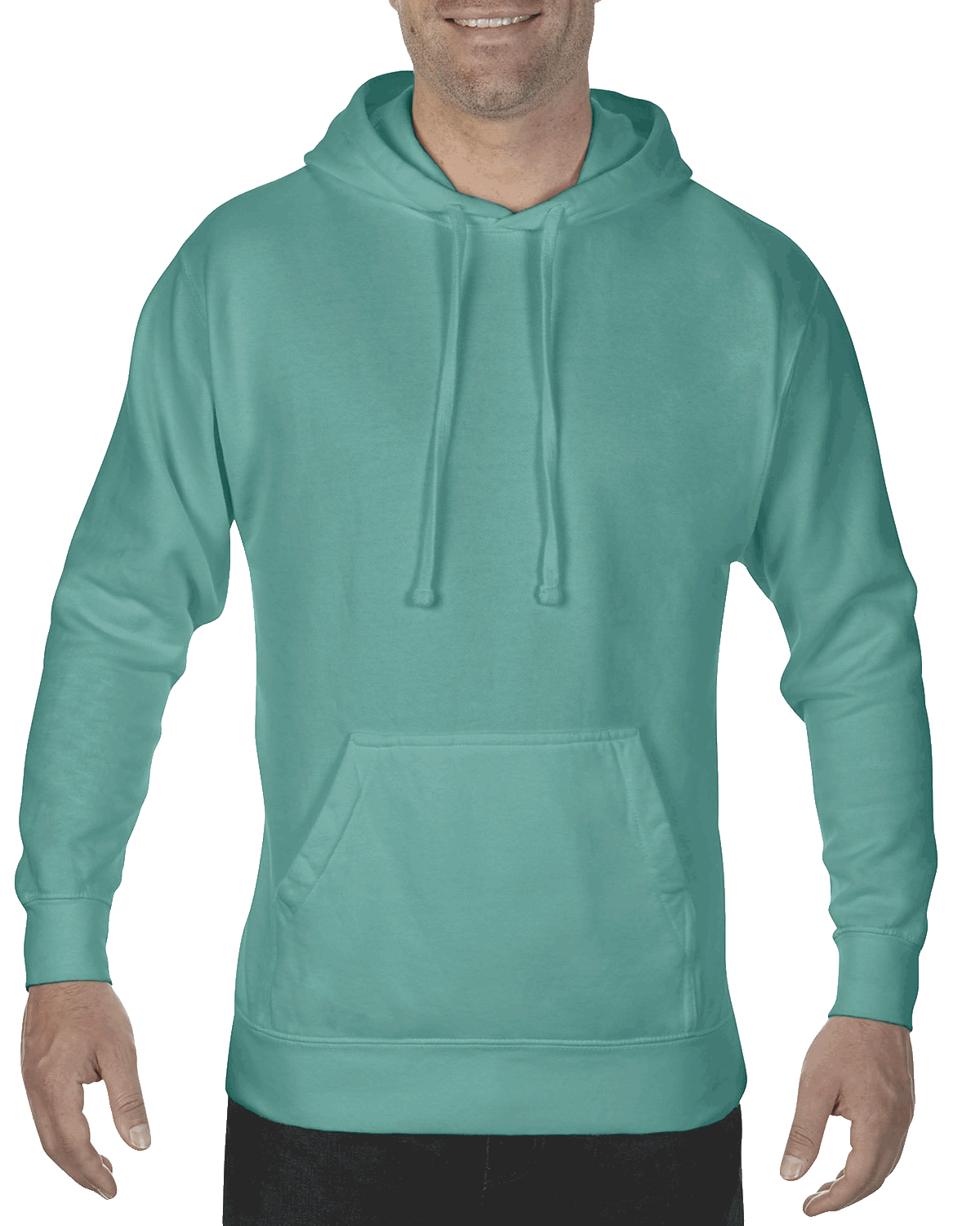 Front view of a man wearing a Comfort Colors Heavyweight Hoodie in Seafoam, showing the hoodie’s drawstring hood and front pocket. The model is smiling.