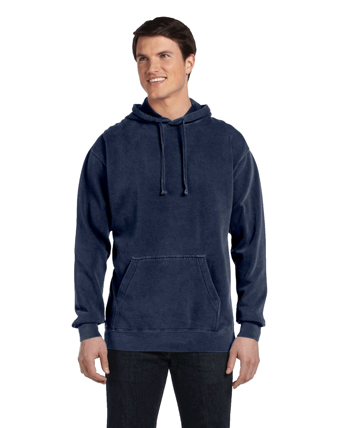 Model in a Comfort Colors Heavyweight Hoodie, True Navy, showcasing a casual look with a front pocket and drawstring hood. The hoodie offers a comfortable fit