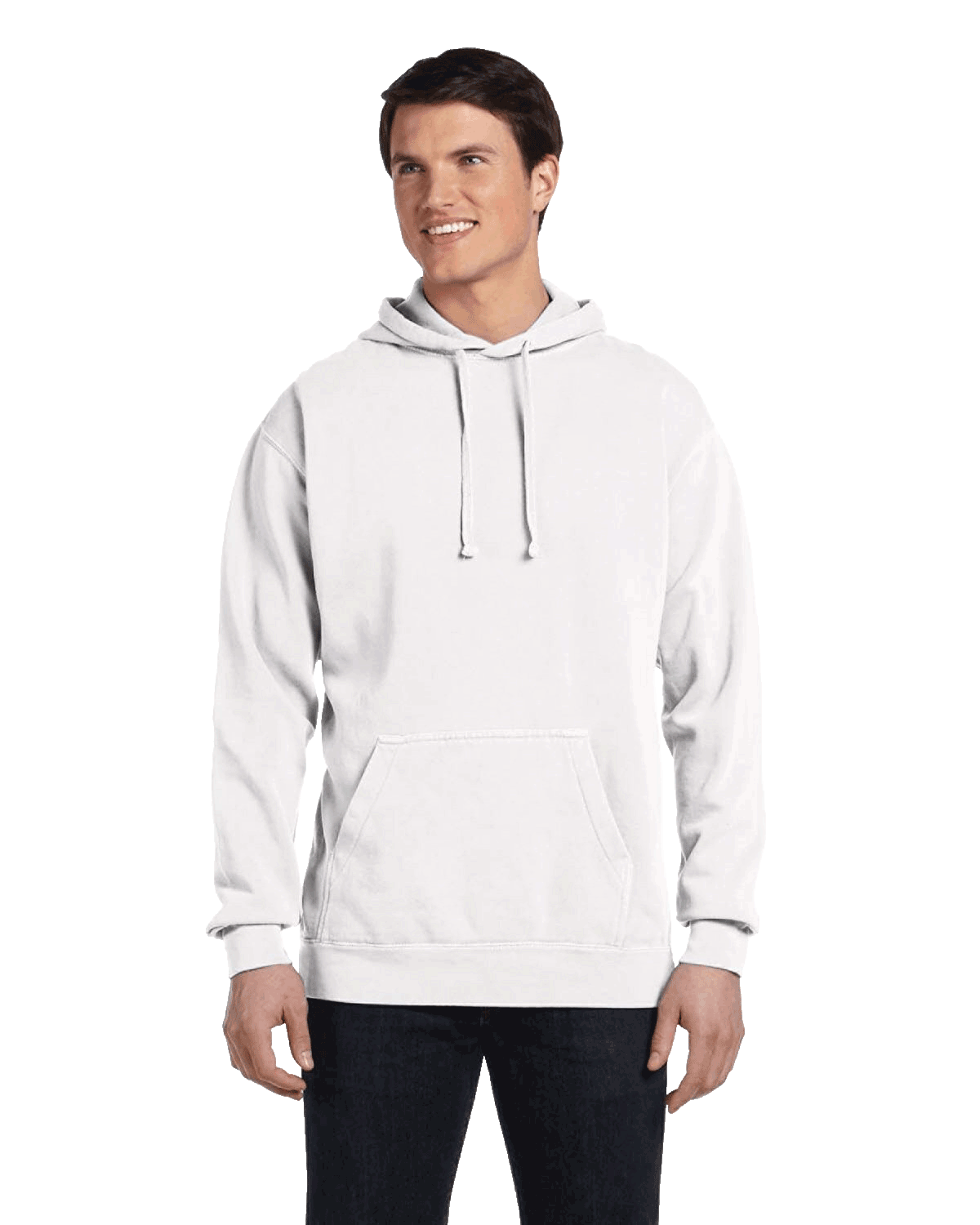 Man wearing a Comfort Colors Heavyweight Hoodie in White, featuring a front pocket and relaxed fit. Model is smiling and standing with hands relaxed