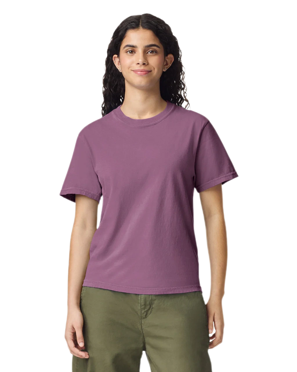 Comfort Colors 1717 heavyweight T-shirt in Berry, shown on a model from the front.