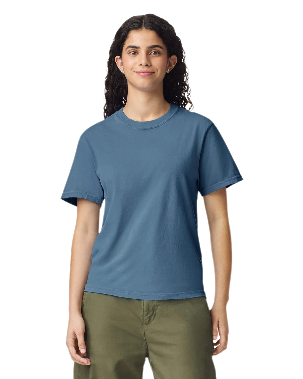 Comfort Colors 1717 heavyweight T-shirt in Blue Jean, shown on a model from the front.