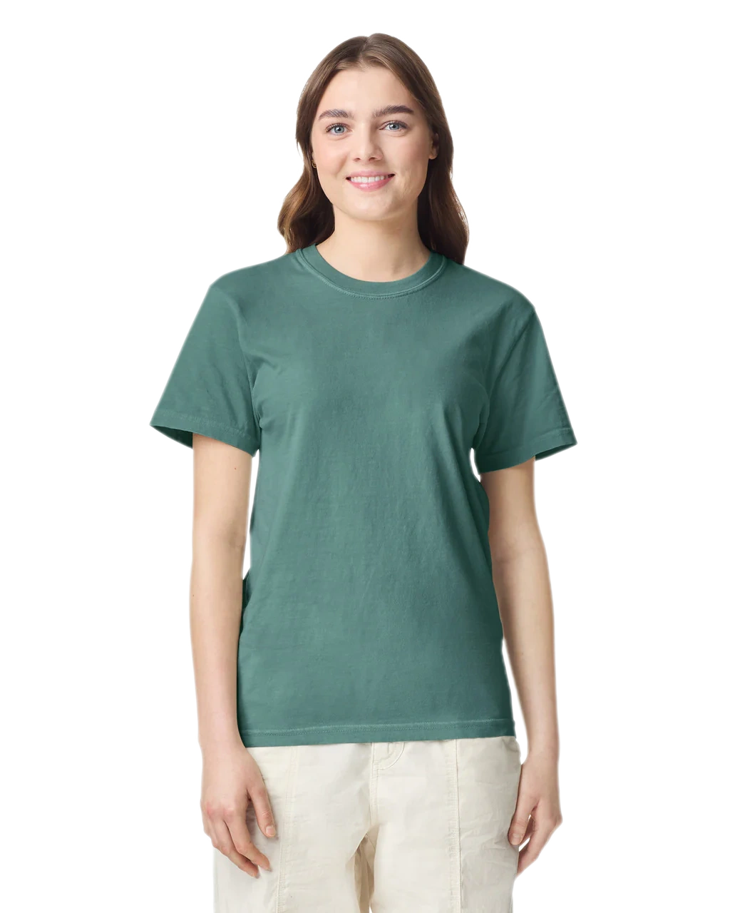 Comfort Colors 1717 heavyweight T-shirt in Blue Spruce, shown on a model from the front.